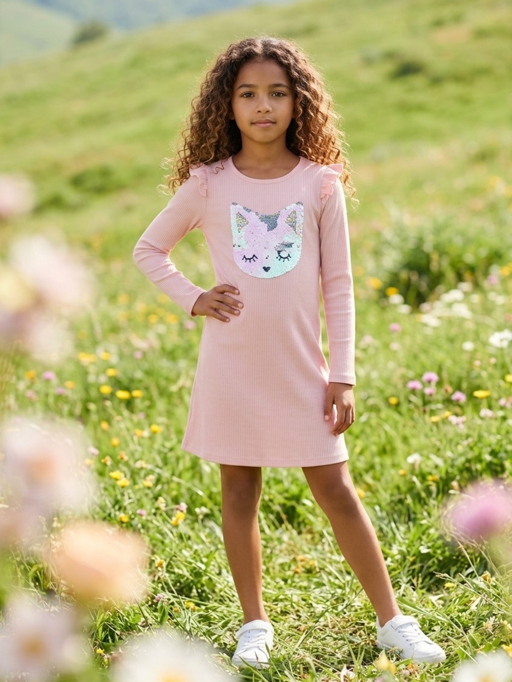 NWT btween Pink Ribbed Long-Flutter Sleeve Sequin Fox Dress Sz 7/8